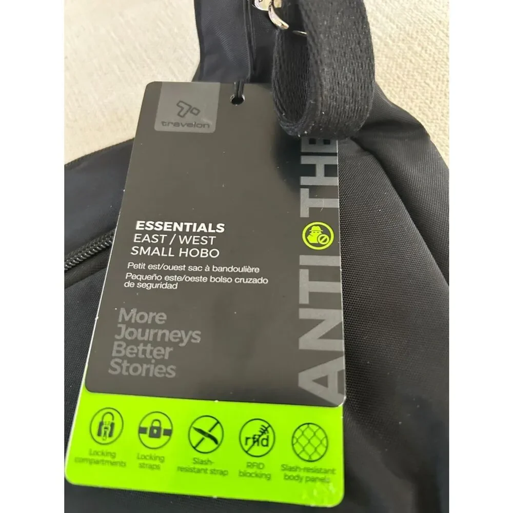 Travelon Anti-Theft Essentials East/West Small Hobo Bag, Black, NWT